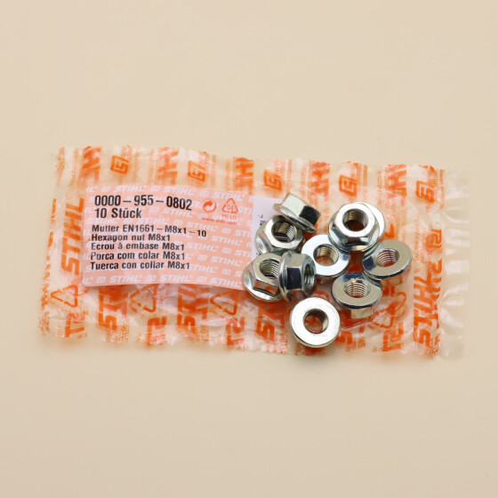 NEU Original Stihl FS FR HS HL MS TS BG BR SH 10x Bundmutter Schwungrad Starterrad DIN6923-M8x1-10 00009550802 / 0000 955 0802 / 0000-955-0802